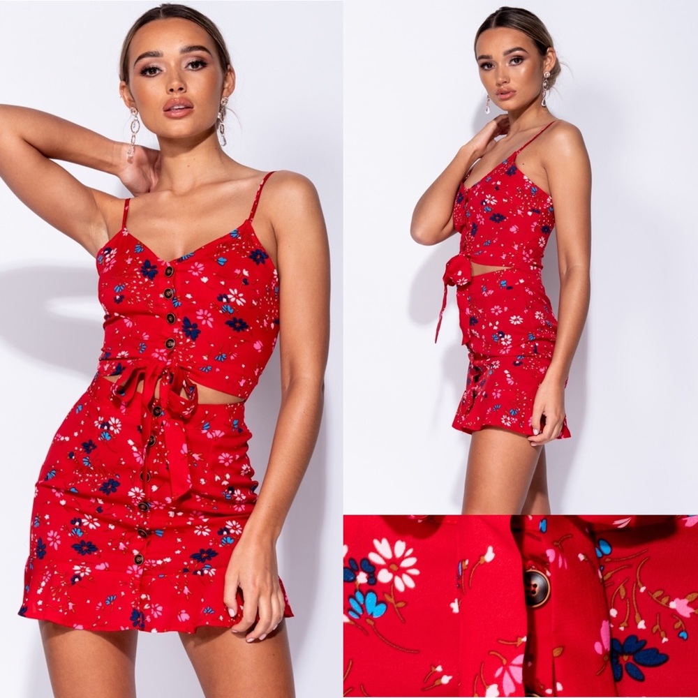 Lana Flirtiest Floral Red Button Front Skirt Set